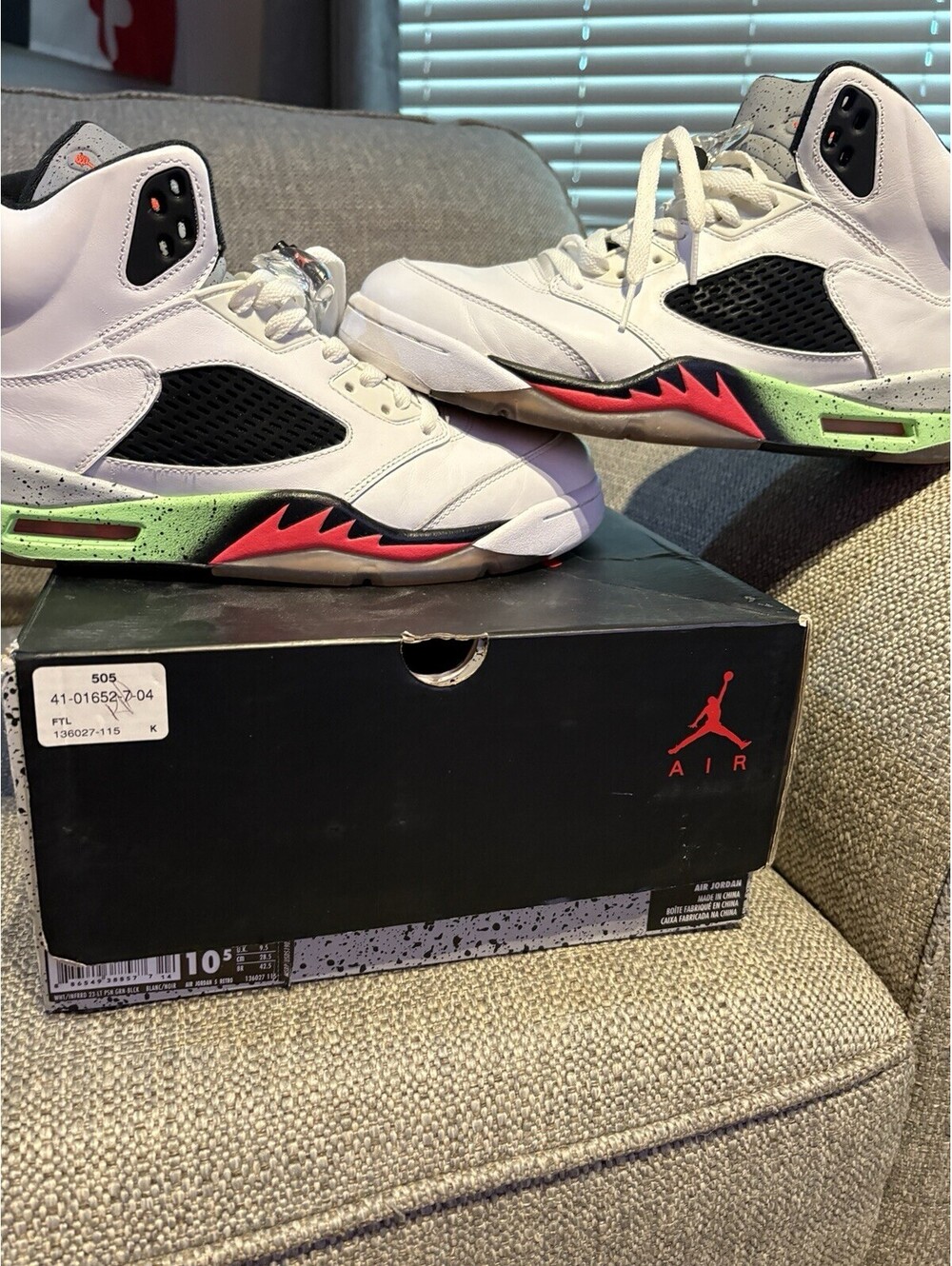 Jordan 5 Poison Green White/Black/Red/Green Size 10.5 Men’s